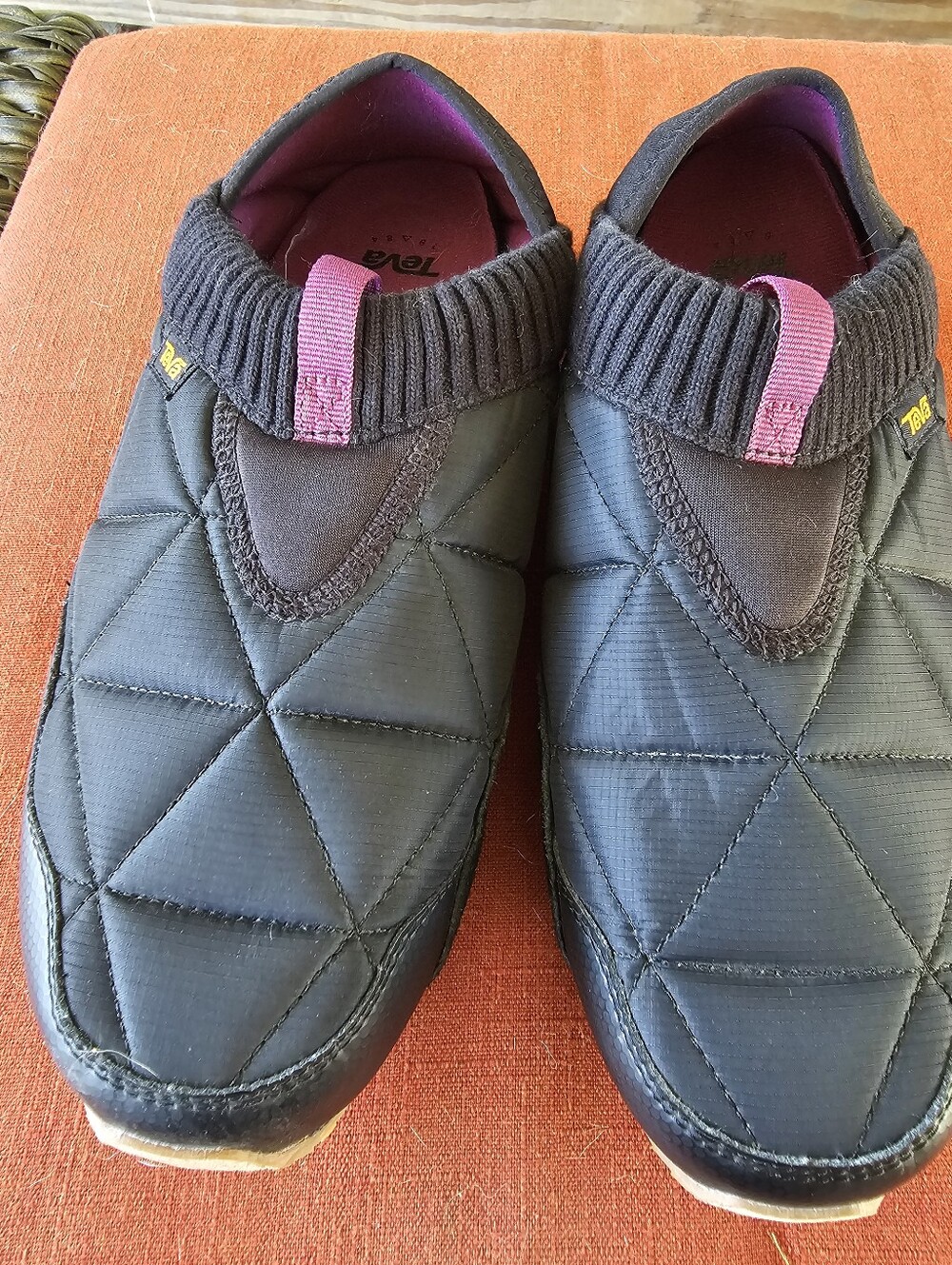 Teva ReEmber Quilted Black Slip-On Loafers with Pink Pull Tabs